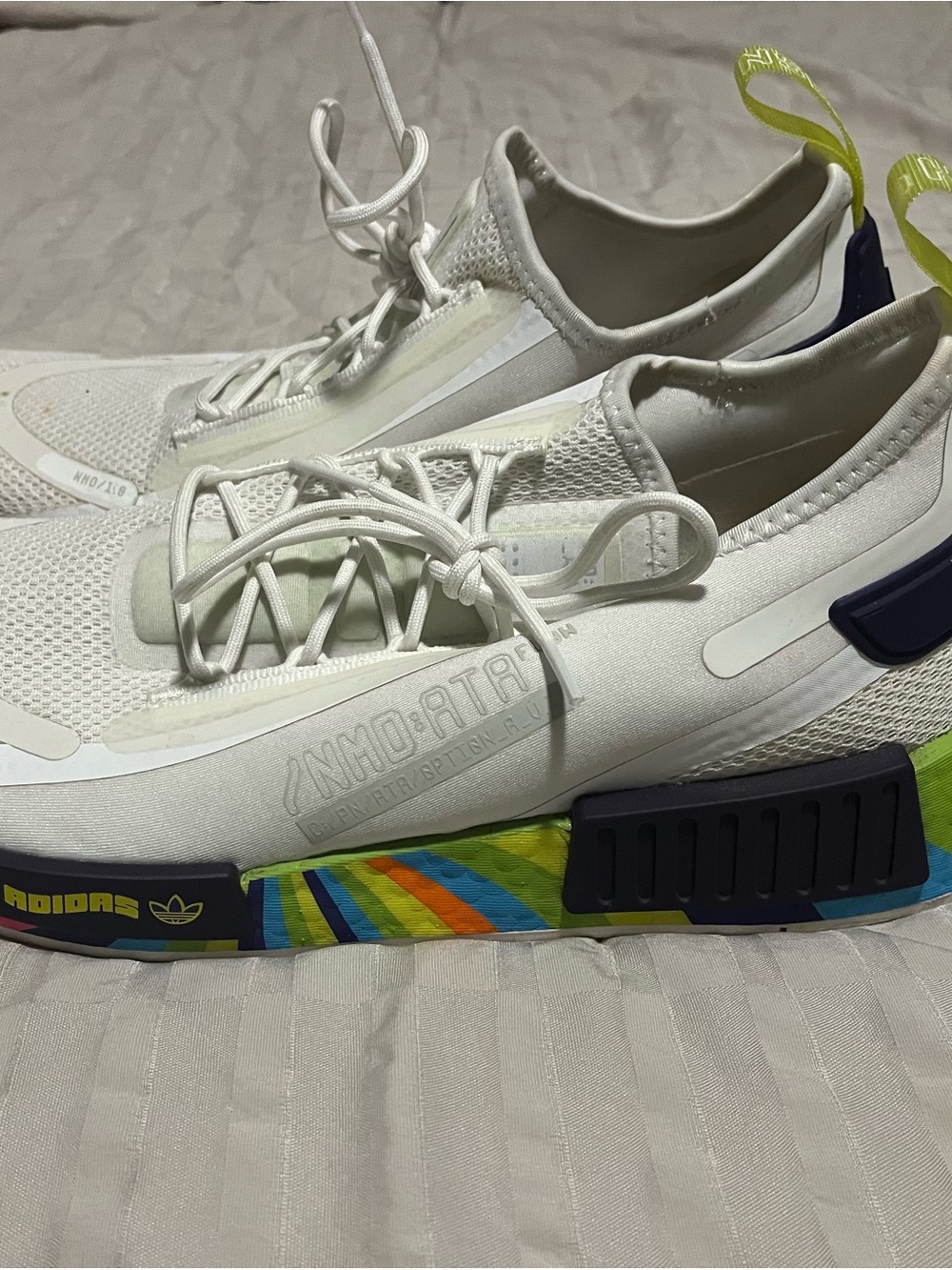 adidas White Sneakers with Rainbow Midsole and Neon Green Pull Tabs